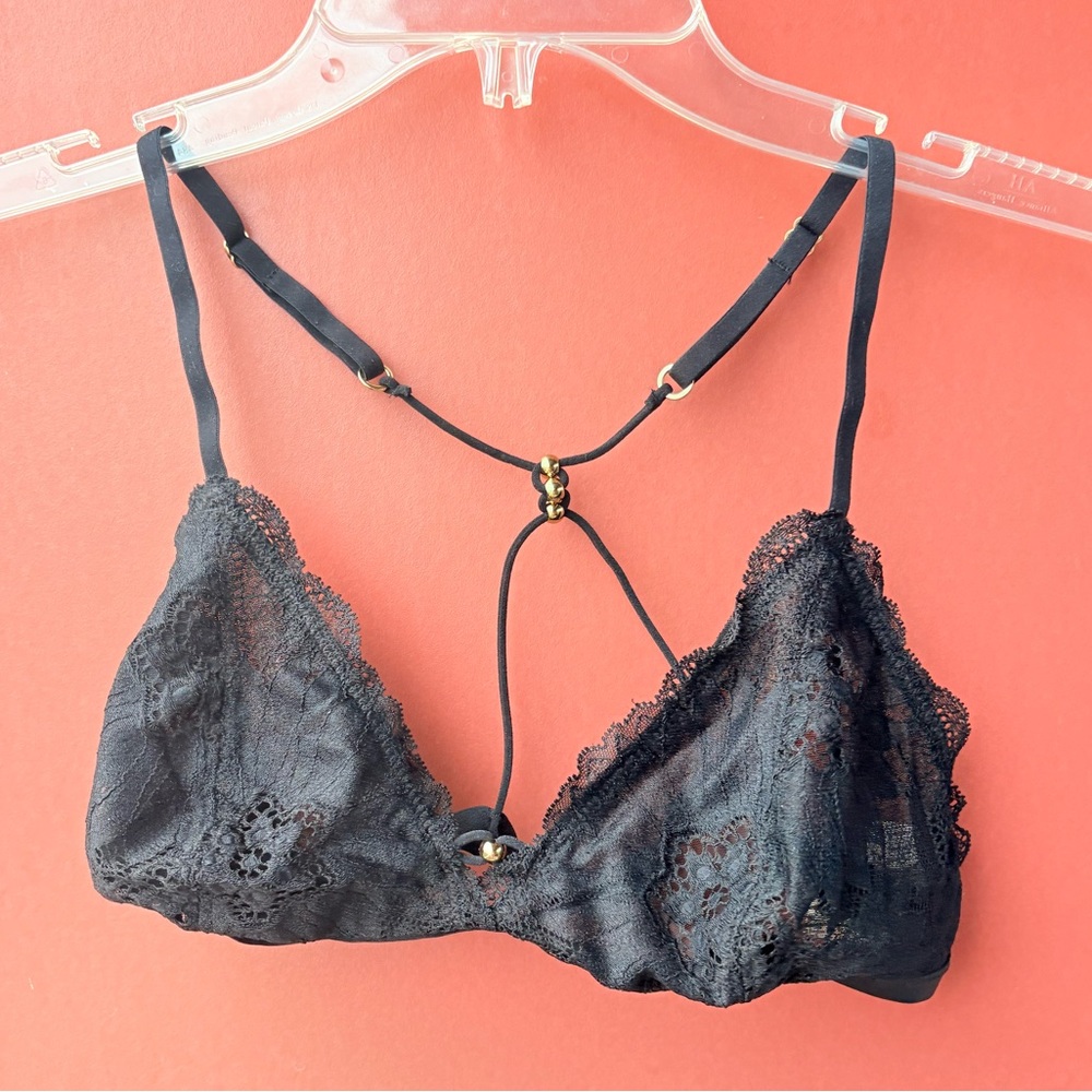 New Aerie American Eagle Outfitters Black Lacey Sexy Bralette Gold Detail Sz L